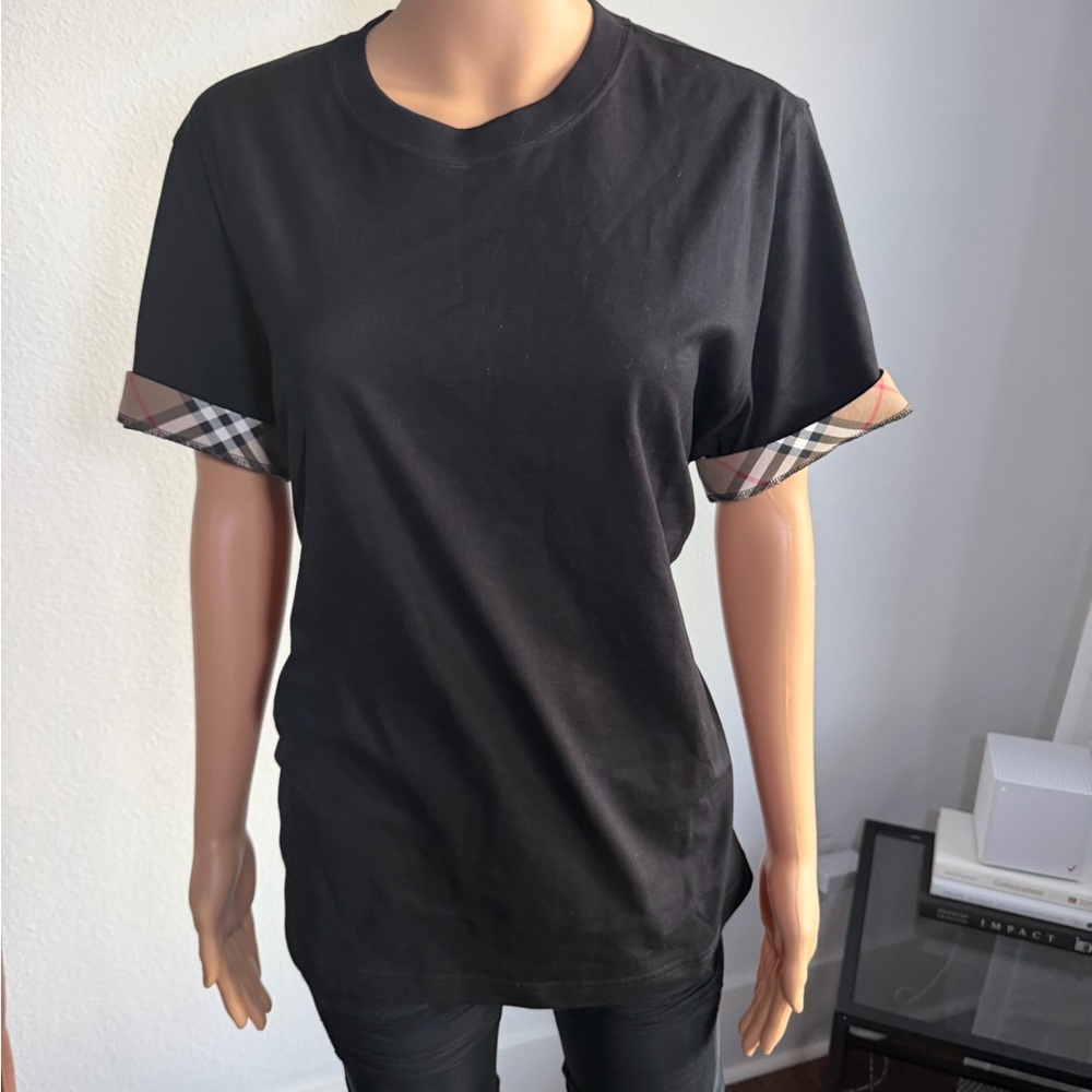 Burberry Black T-Shirt With Nova Check Cuffs Size XL Women's Designer Plaid Cuff
